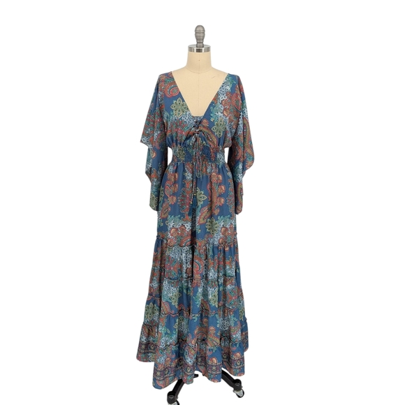 19974 Boemo Paisley Maxi Dress Blue size Small kimono sleeves bohemian beach - Picture 1 of 7
